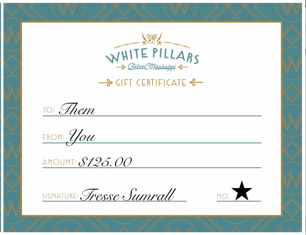 $125 White Pillars Gift Certificate