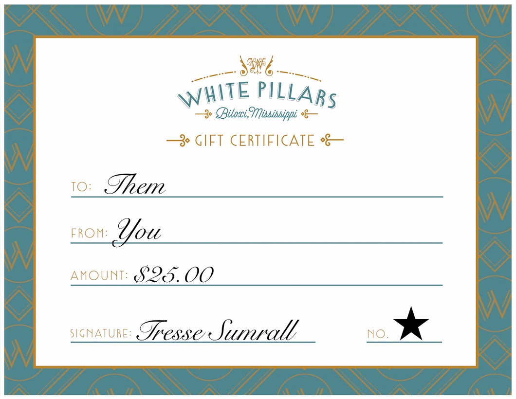 $25 White Pillars Gift Certificate