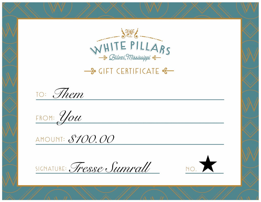$100 White Pillars Gift Certificate